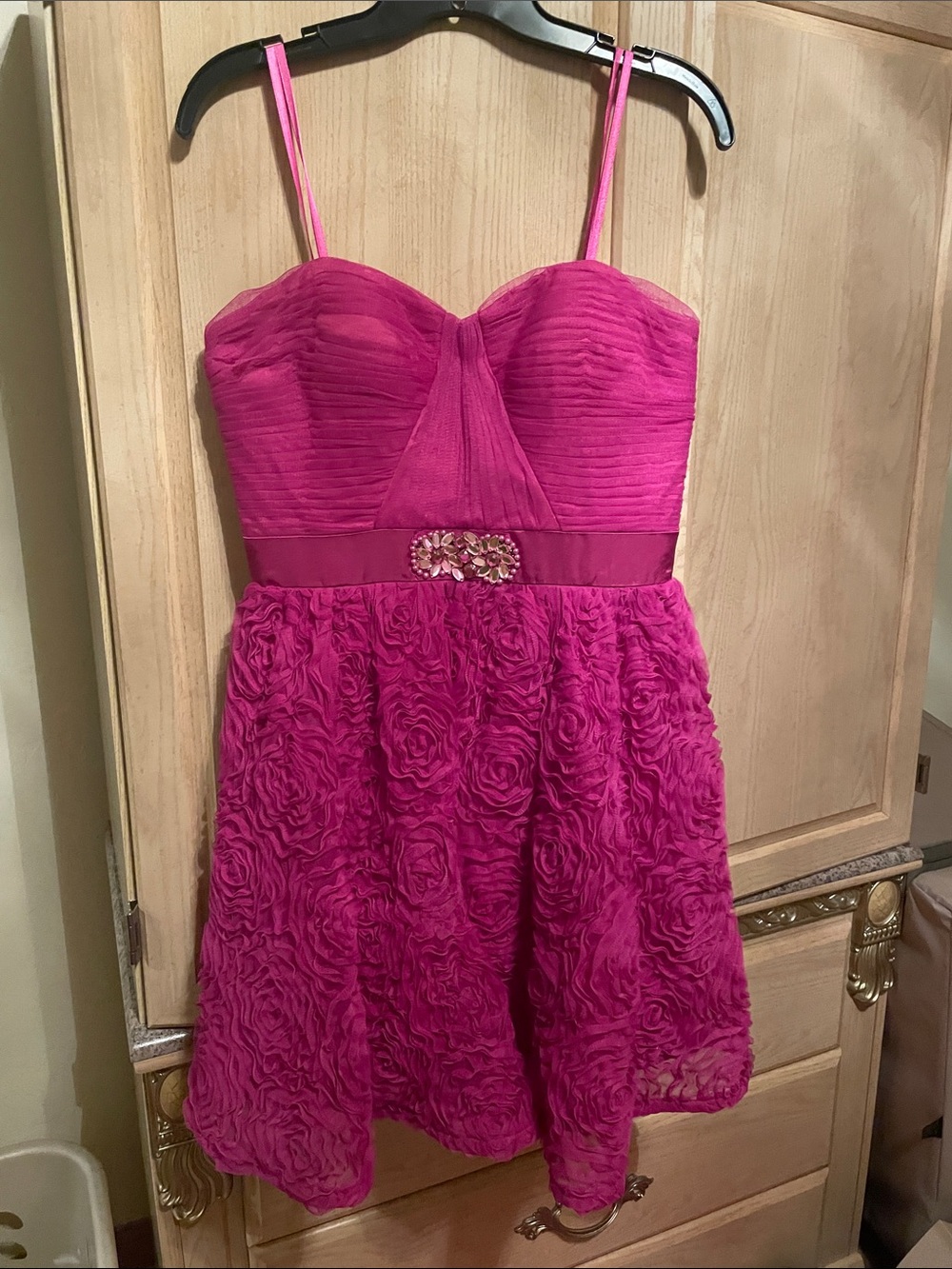 Hot Pink Rosette Party Dress with Embellished Waist